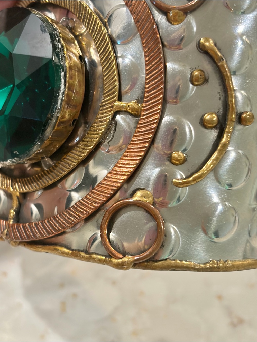 Artisan Mixed Metal Statement Cuff Ringed Medallion Emerald Green Faceted Gem - Picture 6 of 14
